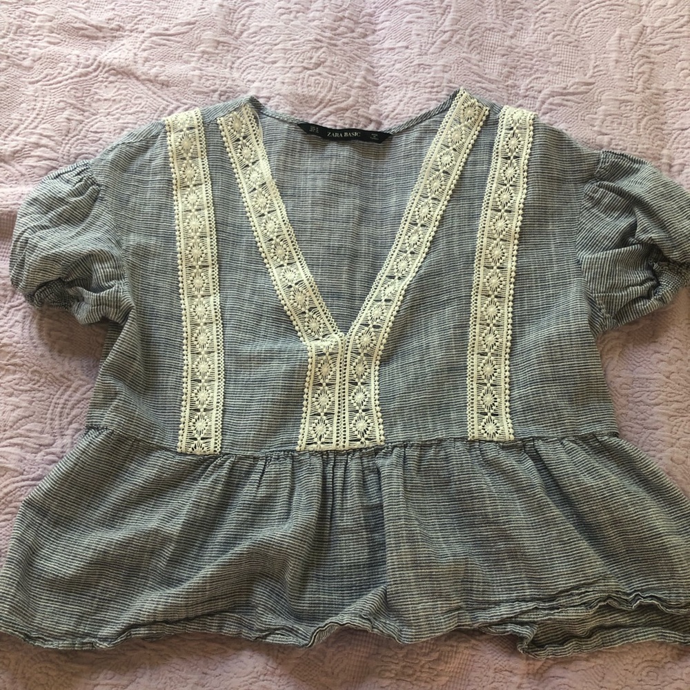 Zara Light Blue Cropped Blouse! Smocked sleeves!